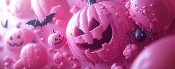 Wall Mural - Playful Pink Halloween Characters and Decorations