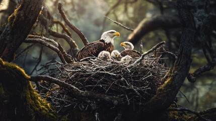Wall Mural - a bald eagle watches over its young in a tree nest, surrounded by branches, leaves, and sunlight.