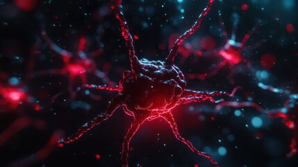 Wall Mural - A vibrant digital illustration of a neuron, showcasing intricate details and glowing elements in red and blue hues, representing cellular structures in neuroscience.