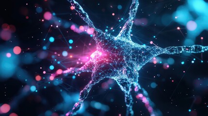 Wall Mural - A vibrant, close-up depiction of a neuron highlighting its intricate structure and connections, showcasing the beauty of cellular networks.