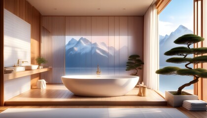 Wall Mural - Chic bathroom design featuring breathtaking mountain lake views