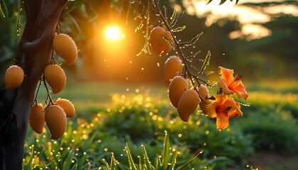 Canvas Print - Morning radiance over a vibrant organic mango farm in full bloom, captured through the lens of generative AI artistry