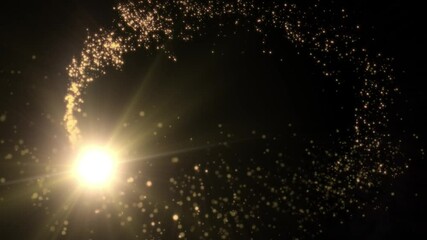 loop animation of a luminous christmas shooting star with a tail of golden particles on a black back