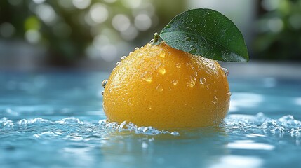 Wall Mural - A single orange with a green leaf floating on blue water with water drops.