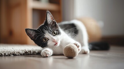 Playful pet cat kitty engaging in funny activities playing with toy