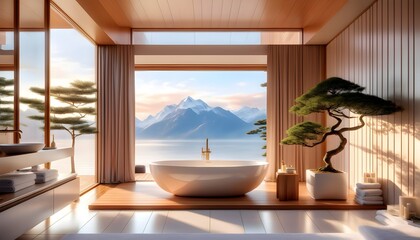 Wall Mural - Serene bathroom retreat with stunning mountain and lake views