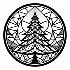 Poster - Stained Glass Christmas tree round sign Black Vector silhouette