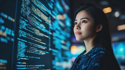 A woman is staring at a computer screen with a lot of code on it. She is focused and determined