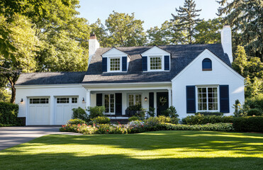 an American-style white bungalow with navy blue shutters, nestled in the middle of a dense green lawn and surrounded by trees. The house has two windows on each side