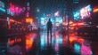 © orendesain99 - A futuristic city at night, with neon lights reflecting on the wet streets.