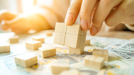 Wall Mural - strategic growth: hands carefully placing wooden blocks on dollar bills, symbolizing financial plann