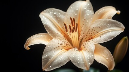 Wall Mural - The striking beauty of a close-up translucent lily with beige tones appears vividly against a stark black background, showcasing its elegant petals and intricate stamens.