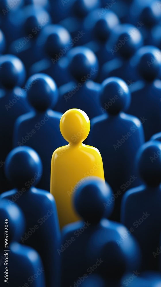 Bright yellow figure standing out among a crowd of dark blue figures ...