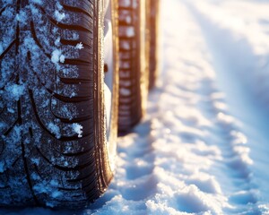 Wall Mural - Close-up of Car Tires on Snow Covered Road illuminated with Sunlight in Winter Season.