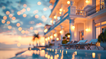 serene tranquil luxury hotel beautiful poolside view soft bokeh lights at evening dusk twilight sunset travel destination resort relaxation outdoor vacation elegant leisure summer hospitality tropical