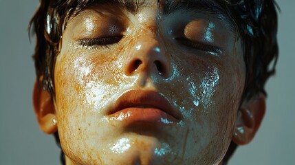 Poster - Close-Up Portrait of a Young Man with Wet, Glossy Skin