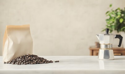 Wall Mural - beige paper bag of black coffee beans spilled out onto the white marble countertop next to a classic moka pot, Generative AI 