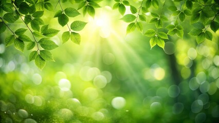 Beautiful green natural background with bokeh lights and sunbeams shining through fresh leaves