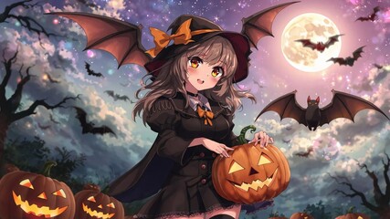 Wall Mural - halloween background with anime character illustration, bats, pumpkin, and moon in beauty sky