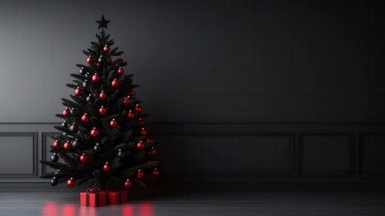 Wall Mural - Red and black Christmas tree lights glowing in a dark room, 3D illustration