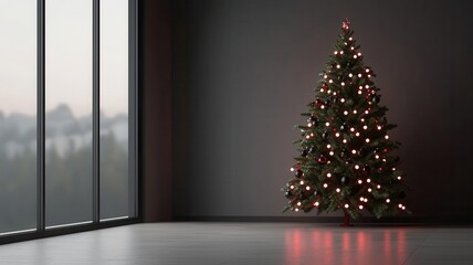 Wall Mural - Red and black Christmas tree lights glowing in a dark room, 3D illustration