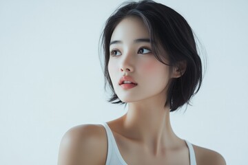 Hyper-realistic upper body photography of a sexy slender Asian female model with short shawl hair, wearing a white sports tank top and looking at the screen, set against a pure white background