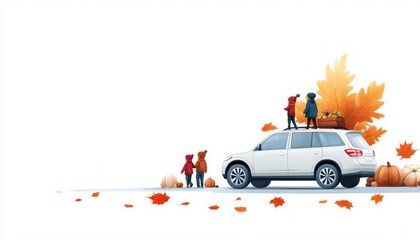 Thanksgiving family road trip flat design, side view, holiday travel theme, water color, vivid