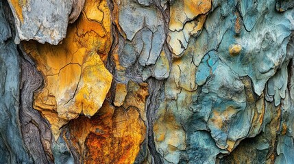 Poster - Close-up of a Tree Trunk with Blue, Yellow, and Orange Bark