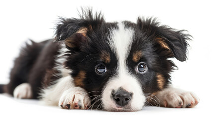 Wall Mural - young cute Border Collie puppy sitting lying down while looking forward isolated on white background