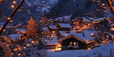 Wall Mural - Christmas Lights Twinkling in a Swiss Mountain Village at Night