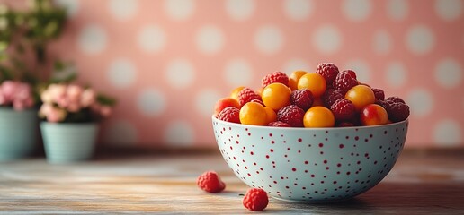 Wall Mural - Bowl of Fresh Red and Yellow Berries on Wooden Table.