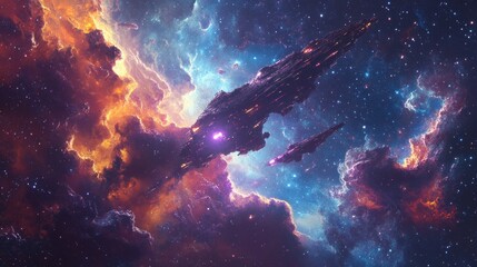 Canvas Print - A Silhouetted Spaceship Soaring Through a Starry Nebula