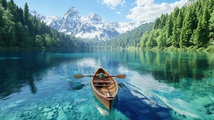 Wall Mural - Canoeing on a Calm Mountain Lake.