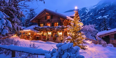 Wall Mural - Christmas Night in the Swiss Alps with a Cozy Chalet Illuminated by Lights