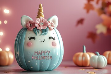 Wall Mural - Cute pastel unicorns with flowers and pumpkins in a whimsical Halloween scene Generative AI