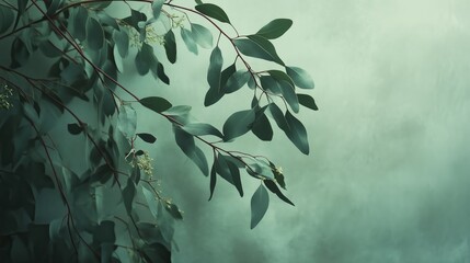 Poster - Branches of green leaves against a soft teal backdrop create a tranquil atmosphere in a serene indoor space