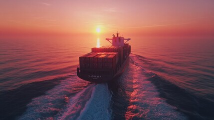 A container ship sails across the ocean at sunset, leaving a trail in the water as the sun sets on the horizon, casting a beautiful glow.