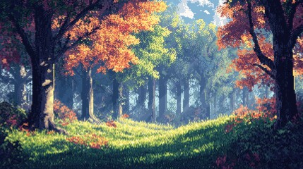 Wall Mural - Sunlit Forest Path With Fall Foliage and Lush Greenery