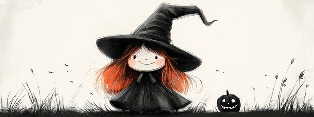 Wall Mural - Cute little witch with red hair wearing a black pointy hat, standing in a field with a smiling black pumpkin and flying bats, Generative AI