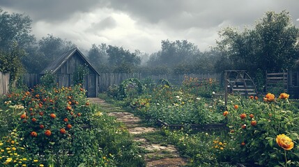 Wall Mural - Enchanting Cottage Garden with Blooming Flowers