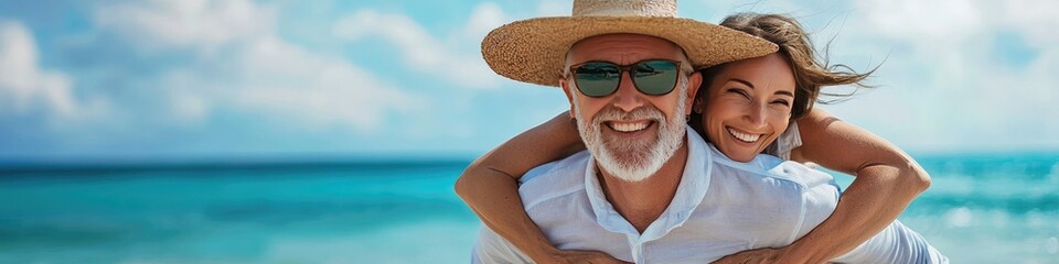 happy elderly man and woman on the beach. Selective focus