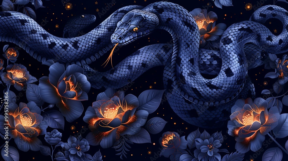 Vector magic seamless pattern with snakes, leaves, moon and stars ...