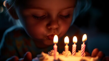 A young child is blowing out candles on a birthday cake, with a warm, glowing light illuminating their joyful face.