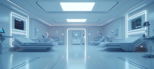 A futuristic hospital room with holographic health monitors floating in the air