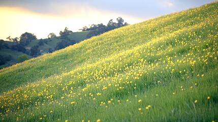 Wall Mural - A lush green hillside covered in yellow wildflowers with a sunset in the distance.