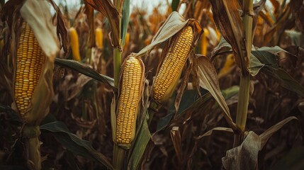 Close-up of corn cobs amid a field of corn plantations.