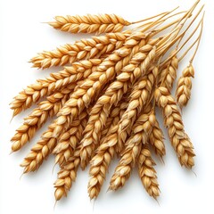 Golden wheat stalks with grains, isolated on white background.