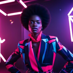 A vibrant fashion portrait of a young Black woman dressed in colorful attire, generative ai