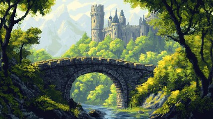 Poster - Stone Bridge Leading to a Medieval Castle Surrounded by Trees and Mountains