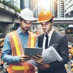 two architects working on construction site